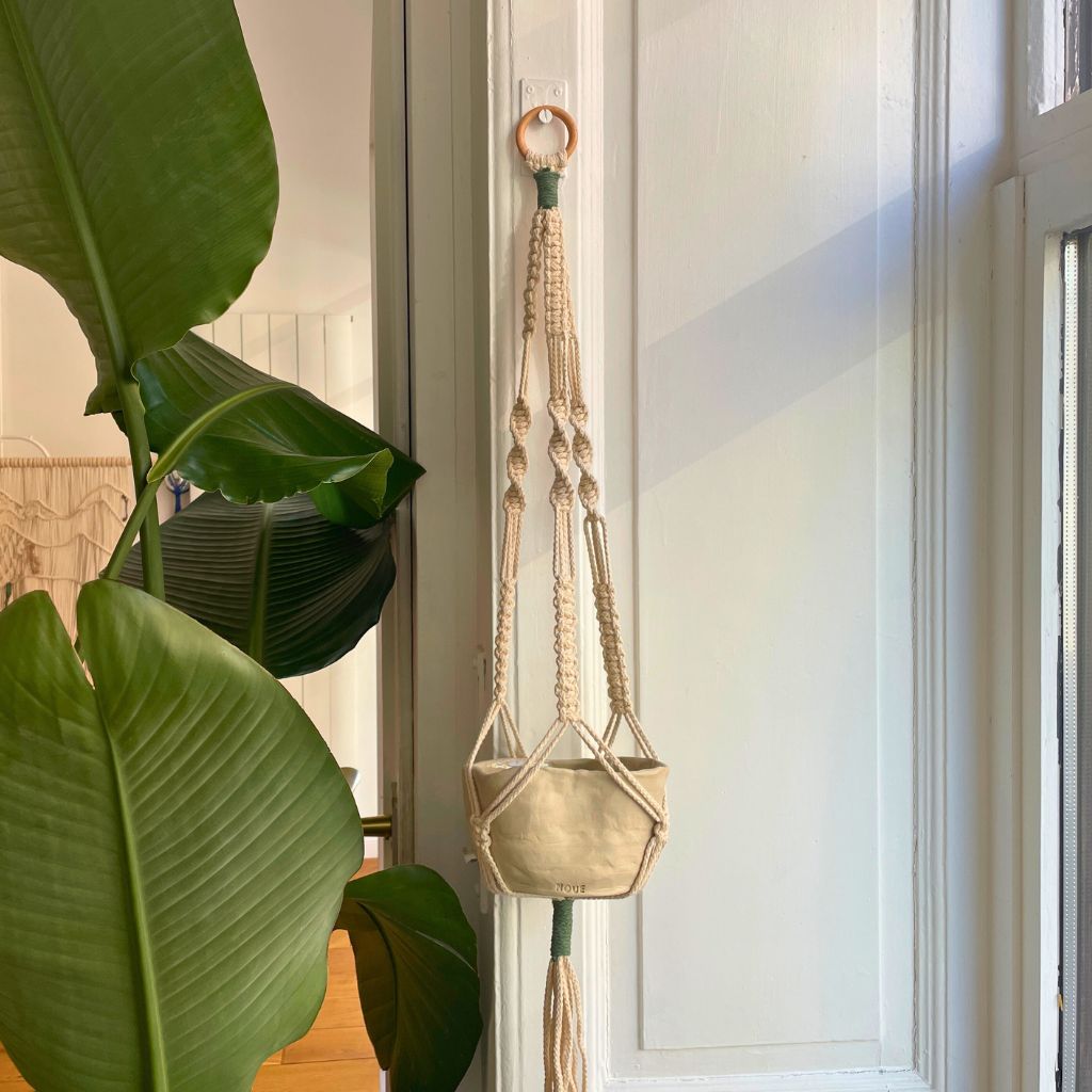 Makramee Pflanzenhänger mit Top vor weißer Wand und Pflanze
